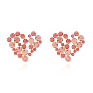 Golden heart-shaped stud earrings with sparkling pink and red gradient rhinestones