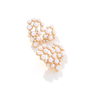 Close-up of heart-shaped alloy stud earrings crafted with varied elegant round pearls