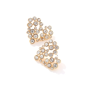 Detailed view of gold-tone heart earrings featuring pave-set sparkling crystal rhinestones