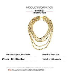 Detail view of multi-layer beaded gold necklace showing crystal beads and dimensions
