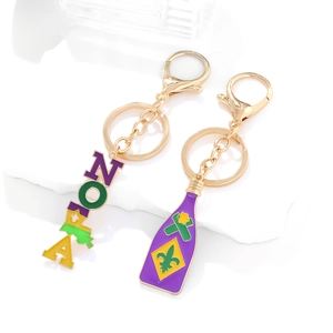 Set porte-clés Mardi Gras avec lettres NOLA et pendentif bouteille de vin violette