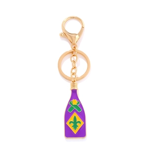Porte-clés bouteille de vin émaillée Mardi Gras avec motif Fleur-de-lis et métal doré