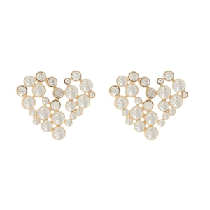 Golden heart-shaped stud earrings featuring multiple sparkling rhinestone-inlaid circles