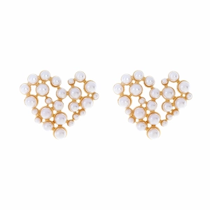 Elegant hollow heart earrings with inlaid pearls and golden frame on white background