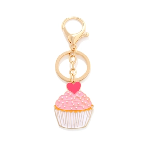 Pink enamel cupcake keychain with pearl accents and heart charms on a gold lobster clasp