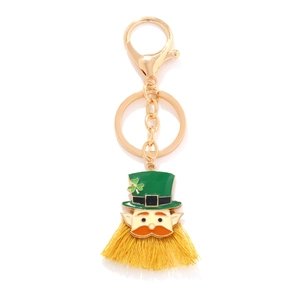 St Patricks Day Leprechaun Keychain Enamel Alloy Green Hat Shamrock Charm Yellow Tassel Beard Festive Ornament