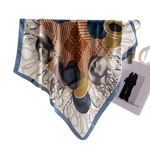 Retro geometric checkered silk-feel scarf 70cm with hat print in brown and navy blue