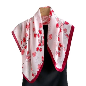 70cm faux silk scarf with pink floral plum blossom print and dark red satin border