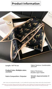 Detailed spec sheet for double-layered leopard print twilly scarf in gold and black