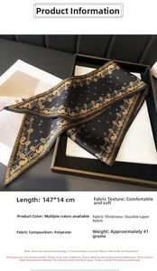 Détail de l'écharpe paisley noire à motifs dorés et spécifications de taille 147x14cm