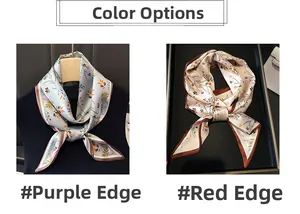 Détail de foulards fins en soie à fleurs avec bordures violettes et rouges élégantes