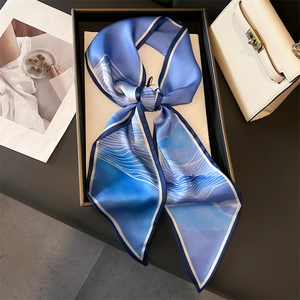 Blue gradient silk scarf with wave pattern in an elegant gift box with handbag