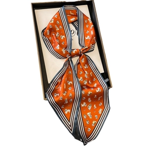 Elegant orange silk twilly scarf with cartoon dog print tied in a bow on a display box