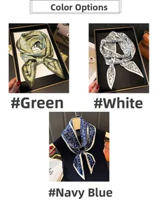 Detailed view of paisley silk scarves in green, white, and navy blue for elegant styling