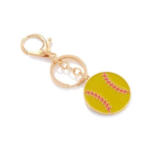 Golden keychain with yellow enamel baseball charm and vibrant red stitching detail