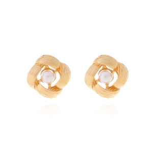 Geometric Stud Earrings Gold Alloy Hollow Knotted Texture Woven Design With Imitation Artificial Pearl Retro Fashion For Women