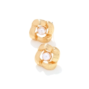 Minimalist gold alloy hollow hoop earrings with central pearl and spiral texture