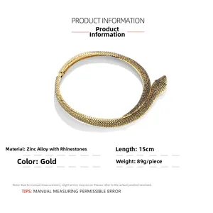 Detailed size specifications of the gold snake collar necklace with rhinestone details