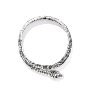 Elegant silver snake choker necklace with detailed metal scales and black stone eyes