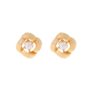 Elegant gold-plated woven alloy stud earrings with white faux pearl center on white background