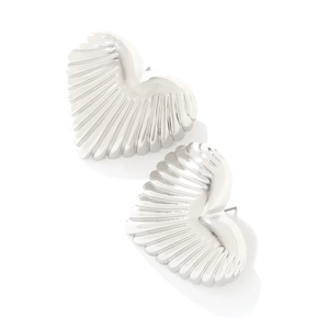 Vintage silver heart stud earrings with textured radial stripe pattern in metal alloy