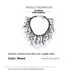 Detailed specs of multi-layer baroque pearl necklace with black wax cord, 44cm length
