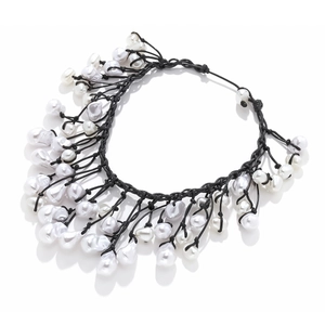 Handmade Baroque pearl knotted necklace with black braided cord and cluster pendant