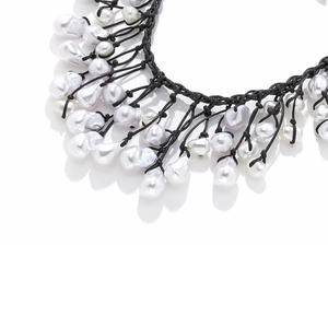 Handmade Baroque pearl knotted necklace with black braided rope for a layered look