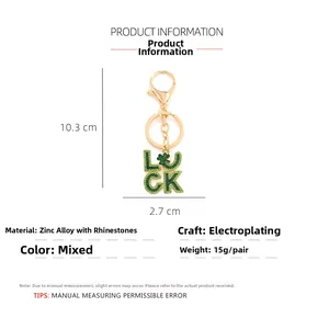 Green rhinestone LUCK keychain with four-leaf clover and zinc alloy hardware dimensions