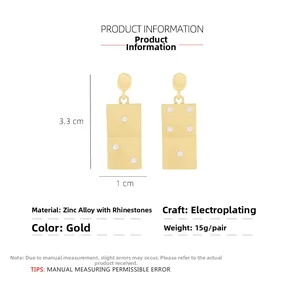 Detailed size specifications of gold domino earrings with white rhinestones