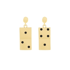 Detailed view of gold-tone domino drop earrings with black rhinestone accents on white background