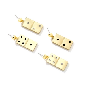 Golden domino drop earrings with rhinestones and black dots on a white background