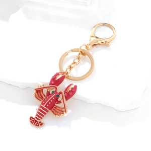 Creative red enamel lobster keychain with pink crystals and gold-plated alloy ring