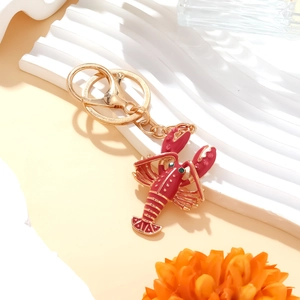 Creative red enamel lobster keychain with sparkling rhinestones on golden alloy ring