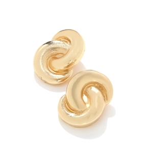 Detailed close-up of chunky gold-tone alloy twisted knot earrings with a high-polish finish