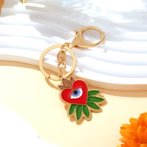 Enamel evil eye heart keychain with green leaves and gold lobster clasp for bags