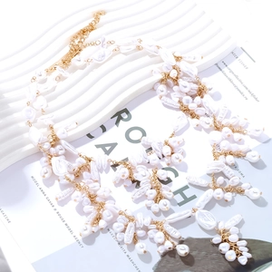 Baroque pearl layered necklace set with gold chain and white irregular pearls for women