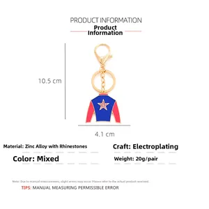 Detailed size specifications for blue and red enamel jacket keychain with pink rhinestone star