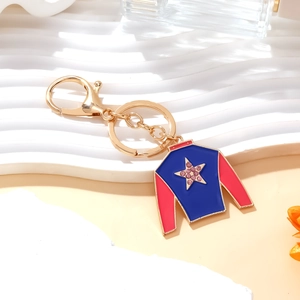 Colorful sports jersey keychain with star rhinestone and blue enamel in gold finish