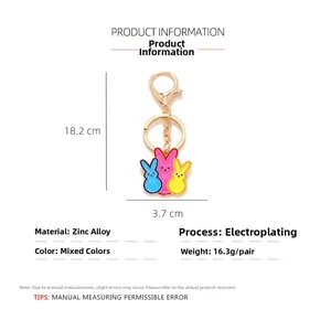 Detail showing dimensions of colorful enamel rabbit keychain with lobster clasp