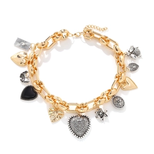 Vintage gold chunky link necklace with heart flower and beetle charms in retro metallic finish