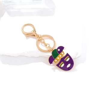 Colorful carnival clown mask keychain with purple green enamel and gold alloy ring