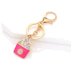 Cute enamel cupcake keychain with pink drip oil, colorful rhinestones and gold alloy ring