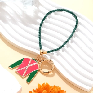 Creative enamel jacket keychain with green and pink color blocking and pearl accents