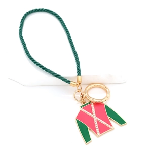 Colorful enamel jockey silk keychain with red and green pattern and gold metal ring