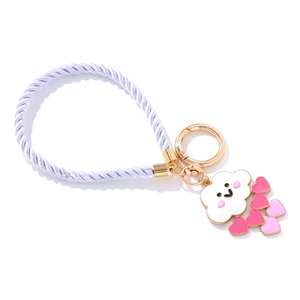 Handmade enamel cloud and pink heart keychain with purple braided cord and gold clip