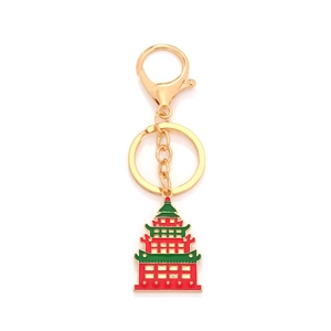 Portachiavi Creativo a Forma di Pagoda Cinese in Smalto Lega Dorata Ciondolo a Torre con Chiusura a Moschettone per Borsa
