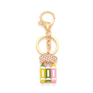 Pencil Cloud Keychain Alloy Enamel Pendant Faux Artificial Pearl Gold Tone Back To School Bag Charm For Student