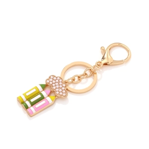 Cute gold keychain with pearl cloud and colorful enamel pencil pendants for back to school