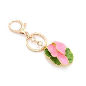 Chic gold alloy flower pendant keychain with pink and green enamel petals for women